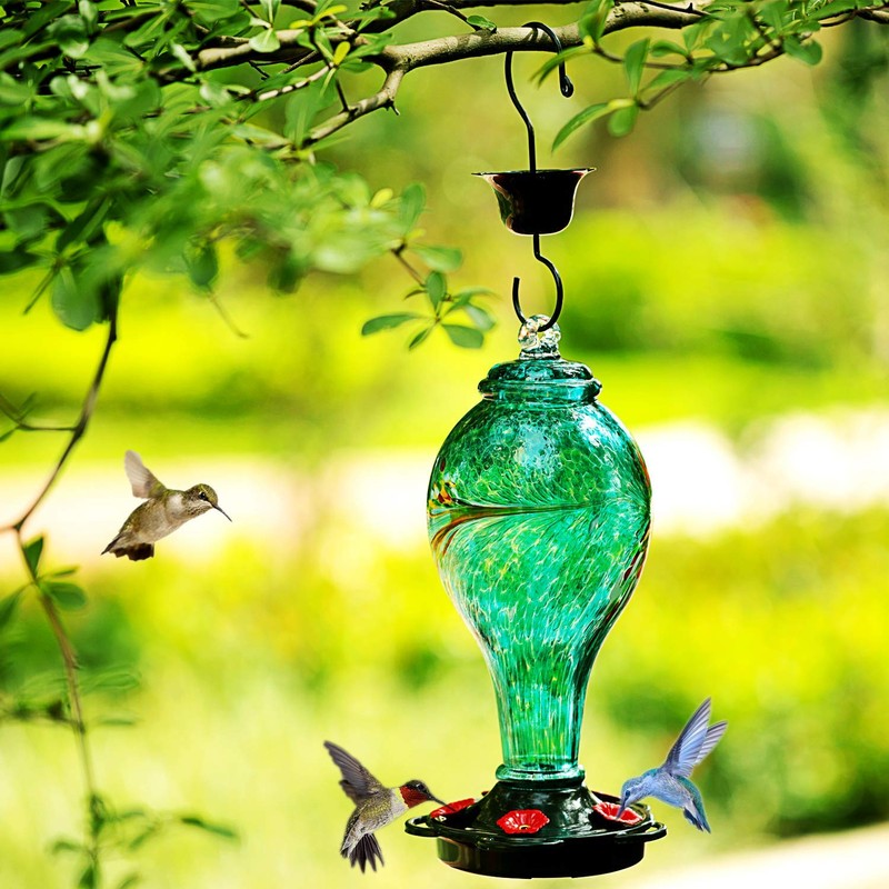 LUJII Hummingbird Feeder, Hand Blown Glass Hummingbird Feeder, Never Fade,