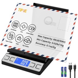 TIPRE Digital Shipping Postal Scale, Mail Scale with Envelope Flip Holder, 66lb/0.1oz Postage Scale for Package, Small Business, Post Office, Hold&Tare Function, Battery&Type-C Charging Cable - Black