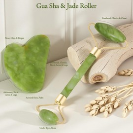 Real Perfection Gua Sha & Jade Roller Facial Tools Face Roller and Gua Sha Set, Scrubber Pore Brush & Headband Skin Care Tools for Travel, Skincare Routine Massaging Reducing Puffiness - Green