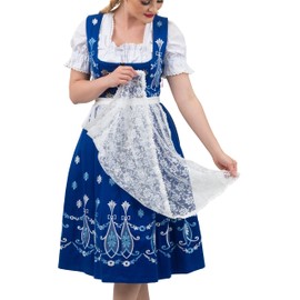 Dirndl Trachten Haus 3 Piece Long Blue Women's Bavarian Dirndl Dress for German Oktoberfest (Blue, 26)