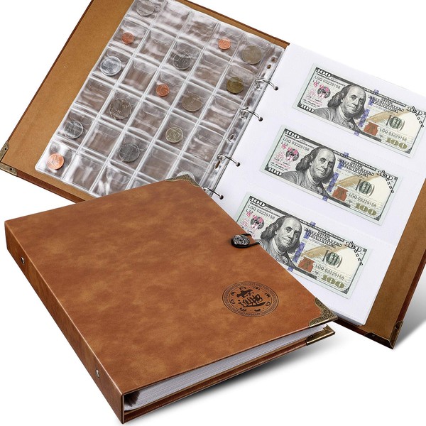 Coin Collecting Holder Album with 150 Coin Pockets and 240 Paper Currency Pockets, PU Leather Coins Collection Holder Penny Currency Storage Book (Brown)