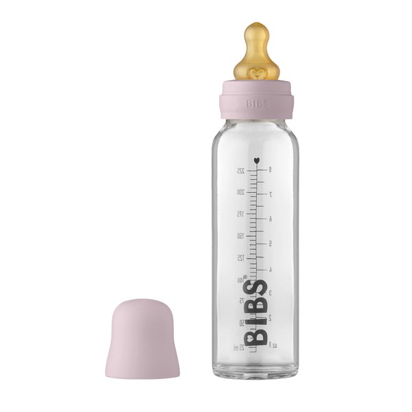 BIBS Baby Glass Bottle. Anti-colic. Round Natural Rubber Latex Nipple. Supports Natural Breastfeeding, 225 ml, Dusky Lilac