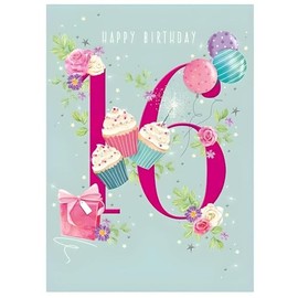 Girls 16th Birthday Card for Her - Age 16 - Cupcakes, Balloons and Flowers Design - Eco-Friendly