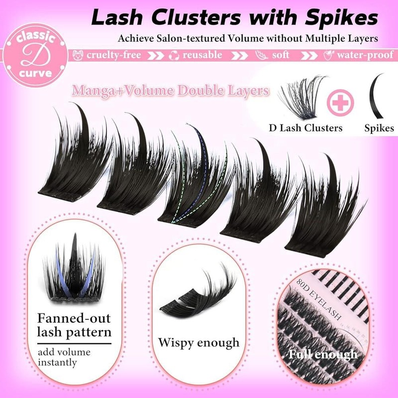 WISPY 스파이크가 있는 속눈썹 클러스터 키트, 80D+100D 개별 확장 D