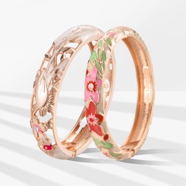 UJOY Vintage Jewelry Cloisonne Handcrafted Enameled Bird Gorgeous Rhinestone Gold Hinged Cuff Bracelet Bangles Gifts 88A31-55A101 Cream White