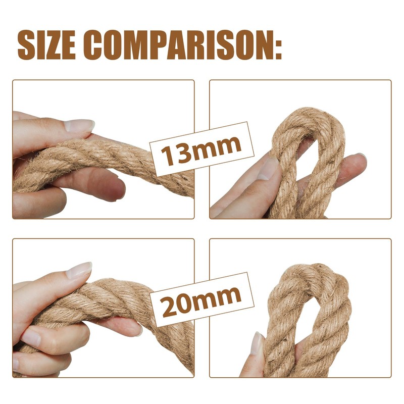 Jute Rope, Natural Hemp Rope, 4-Strand Thick Nautical Ropes (1/2