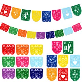 Qpout 2 Pack Mexican Party Decorations Papel Picado Banners, Felt Day of the Dead Colorful Banner, Fiesta Birthday Baby Shower Party Decorations, Dia De Los Muertos Garland Decor, Cinco de Mayo Flags