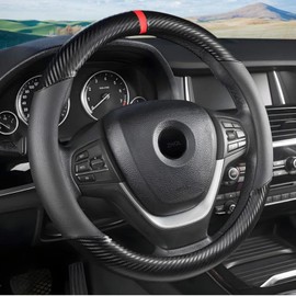 Carbon Fiber Steering Wheel Cover, Universal 15 inch Breathable Microfiber Leather Steering Wheel Cover for Men and Women, Anti Slip Car Interior Accessories, Black