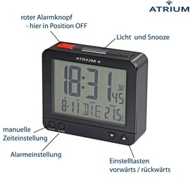 Atrium Funkwecker Digital Quarz sensorgesteuertes Nachtlicht Beleuchtung mit Obenabsteller Datum und Temperatur Anzeige Schwarz A760-7