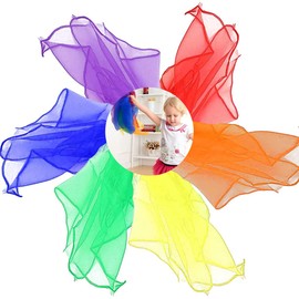 FUKPO 6-Piece Chiffon Scarves Set, Square Juggling Cloths, Performance Silk Scarves, Colourful Dance Cloths for Children (Red, Green, Yellow, Purple, Blue, Orange)