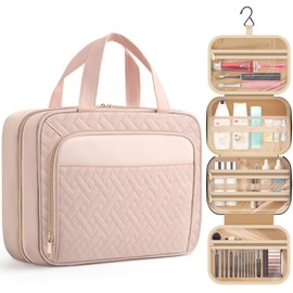 HOTOR Travel Toiletry Bag for Women - Spacious Toiletry Bag for Men, Waterproof Makeup Bag with Hanging Hook and Multiple Pockets, Travel Accessories, Travel Essentials, Medium, Pale Pink