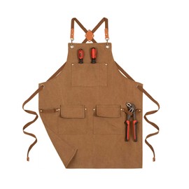 ARBINSON Canvas Chef Aprons for Men Woman with Pockets, Cotton Cross Back Adjustable Heavy Work BBQ Apron, Size M to XXL (Brown)