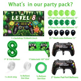 Vlipoeasn 90PCS 8th Birthday Video Game Party Decorations for Boys Set Green 8th Birthday Supplies -8th Video Game Backdrop, Balloons, Tablecloth, Gamer and 8 Foil Balloons for 8th Birthday Party