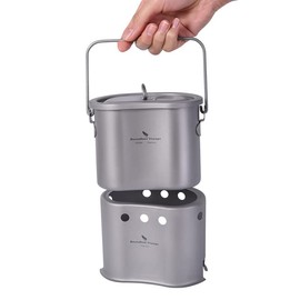 iBasingo Ti2005C Titanium Pot Camping Stove Set with Folding Handle & Hanging Ring Outdoor Picnic 2 in 1 Kidney Shape Canteen Cup Wood Oven Set Lightweight Flap Hanging Pot Burner Set for 1 Man