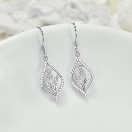 VONALA Sterling Silver Sunflowers Scottish Thistle Pendant Hanging Dangle Drop Earrings Flowers Jewellery Gifts for Women Girls, Sterling Silver, Cubic Zirconia