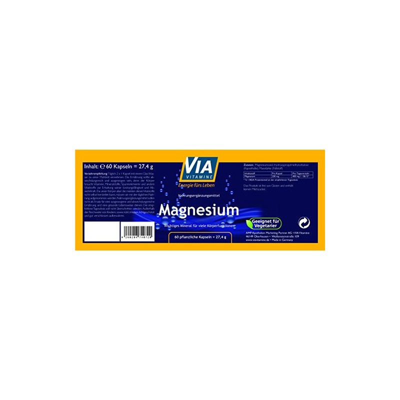 Magnesium 60 Capsules 200 mg Pure Natural, Vegan without Additives,