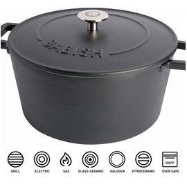 Babish 6-Quart Round Enamel Cast Iron Dutch Oven with Lid – Matte Black, Heavy-Duty Dutch Oven for Slow Cooking, Braising & Baking