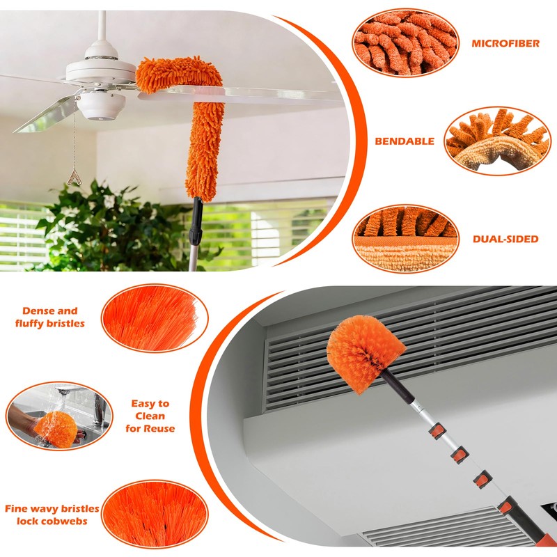 20FT Reach Extendable Ceiling Duster Kit with Squeegee & Cobweb