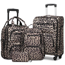 LARVENDER Softside Carry On Luggage 4 Piece, Expandable Carry On Luggage 22x14x9 Airline Approved Underseat Suitcase with Spinner Wheels TSA Lock, Leopard (16/20/BP/TB)