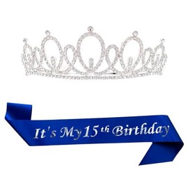 ALRBE TIN Tiara for Women Birthday, It's My 15th Birthday Sash and Crown Set for Women Girls Birthday Party Favors Decorations Silver Crowns for Women Birthday Gifts