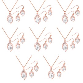 OTTFF Dainty Bridesmaid Jewelry Set for Women 8 Sets Rose Gold Plated Pave Rhinestone With Crystal Necklace Earrings Set for Wedding/Engagement/Anniversary