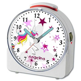 CreaDesign, WU-71-1129-02, Einhorn Rosa, analog Kinderwecker weiß, Funkwecker mit Sweep-Uhrwerk und fluoreszierenden Zeiger und Licht, personlisiert mit Namen, 10,2 x 4,6 x 11 cm