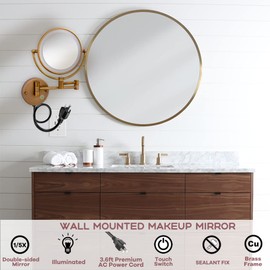 RECKODOR 8" Brass Wall Mount Makeup Mirror with Lights, 1X/5X Double Sided Personal Mirrors for Bathroom with 360 Swivel Extendable, Antique Brass Indoor Arts Ware, Plug Powered
