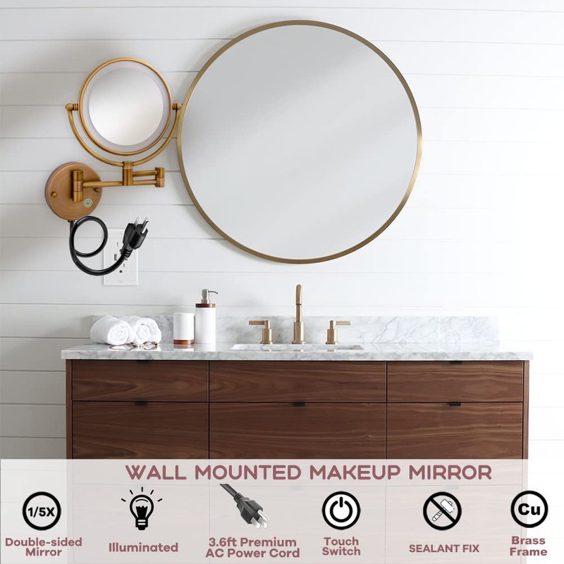 RECKODOR 8" Brass Wall Mount Makeup Mirror with Lights, 1X/5X