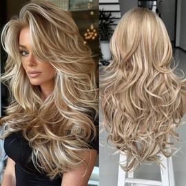 Ombre Platinum Brown Highlight Wig with Bangs Long Wavy Layered Wig with Curtain Bangs for White Black Women,Synthetic Ombre Light Brown Layered Long Wavy Shaggy for Women 24inch