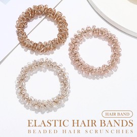 Reaky Pearl Hair Ties Rhinestone Ponytail Holder Beaded Hair Scrunchies 3 Pcs Elastic Hair Bands Hair Accessories for Women (white,pink,champagne)