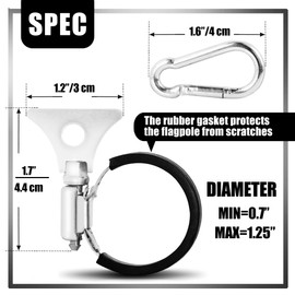 Anley 4 Pack Flagpole Clamp and Clip Kit to Hold Flag with Carabiner and Silicone Anti-Slip Strip - Attachment Accessory Stainless Steel Metal Hose Clamp Rings for 0.7-1.25 IN Diameter Flag Pole