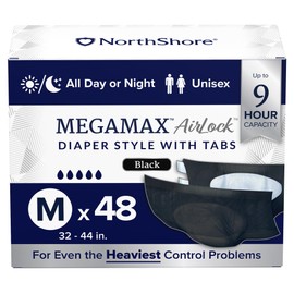 NorthShore MegaMax AirLock Breathable 9-Hour Heavy-Duty Tab-Style Adult Diapers, Medium, 48 Count Case, Black, 32-44 inches, Unisex Incontinence Underwear