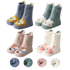 Unisex Baby Warm Thick Socks, Baby Toddlers Non-Slip Ankle Crew Socks Animal Breathable Children Floor Crawling Socks Soft Cotton Thermal Crew Socks for Infant Kids Baby Girls Boys 0-5 T 4-Packs