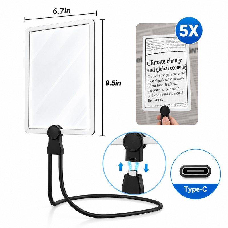 5X Hands-Free Magnifying Glass with 50 LED Lights for Reading,