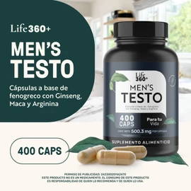 LIFE 360+ Mens Testo |400 Cápsulas por envase| Fenogreco, Maca Negra, Maca Roja y Maca Amarilla, L-Arginina, Zinc, Vitamina D, Magnesio, Ginseng y Guaraná|Suplemento Alimenticio 1 cápsula por porción