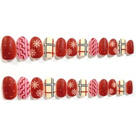 Holiday Plaid Matte Oval Press On Nails - 24 Pieces - Artificial Nails - Christmas Nails