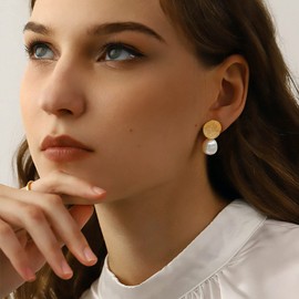 U7 Women Vintage Matte Stud S925 Silver Needle Simulted 12mm White Baroque Pearl Drop Earrings