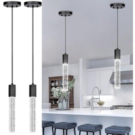 HAIXIANG Set of 2 Pendant Lights for Kitchen Island, White Light, Black Crystal Linear Pendant Lighting, Bar Corner LED Light Fixture