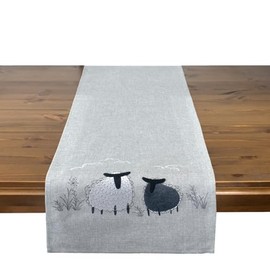 Table Runner Sheep Motif, Grey, Modern Decorative Tablecloth for Kitchen and Living Room, 40 x 140 cm