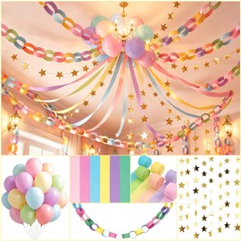 Party Decorations Kit 492ft Crepe Paper Streamers, 360 Sheets Colorful Paper Chain Strips,78.7ft Gold Star Garland,30Pcs 12" Pastel Balloons for Wedding Birthday Party (Colorful)
