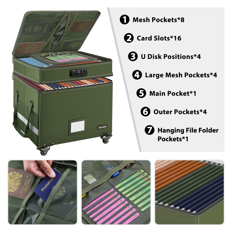 DocSafe File Box with Lock,2-Layer Fireproof Document Box with Wheels,Collapsible