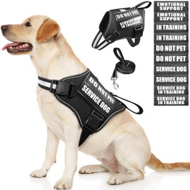 MOOGROU Service Dog Vest Harness and Leash Set+10 Patches,No Pull&Easy Walk Reflective Dog Harness with Soft Padded Handle for Training/Everyday,Fit Small/Medium/Large/Extra-Large Dogs (Black L)