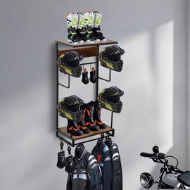 Omiention Motorcycle Helmet Holder Wall Mounted, Helmet Holder Wall Mount with Helmet Rack, 4 Glove Chips and 10 hooks, Rustic Helmet Holder and Motorcycle Helmet Rack for Most of Helmet and Clothes