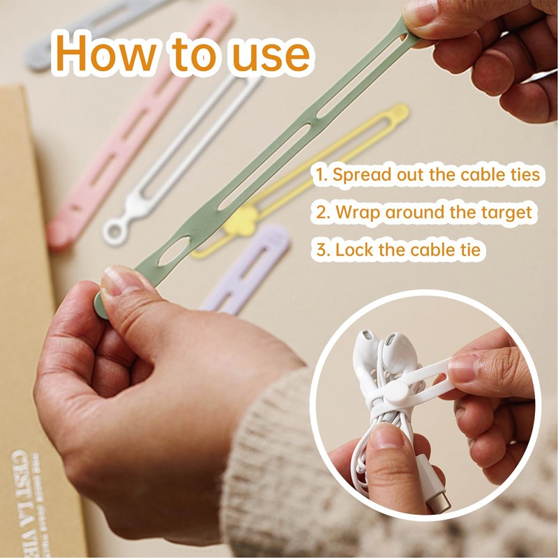 YANGMUM 24pcs Silicone Cable Ties Reusable, Cord Organizer, 4 Styles