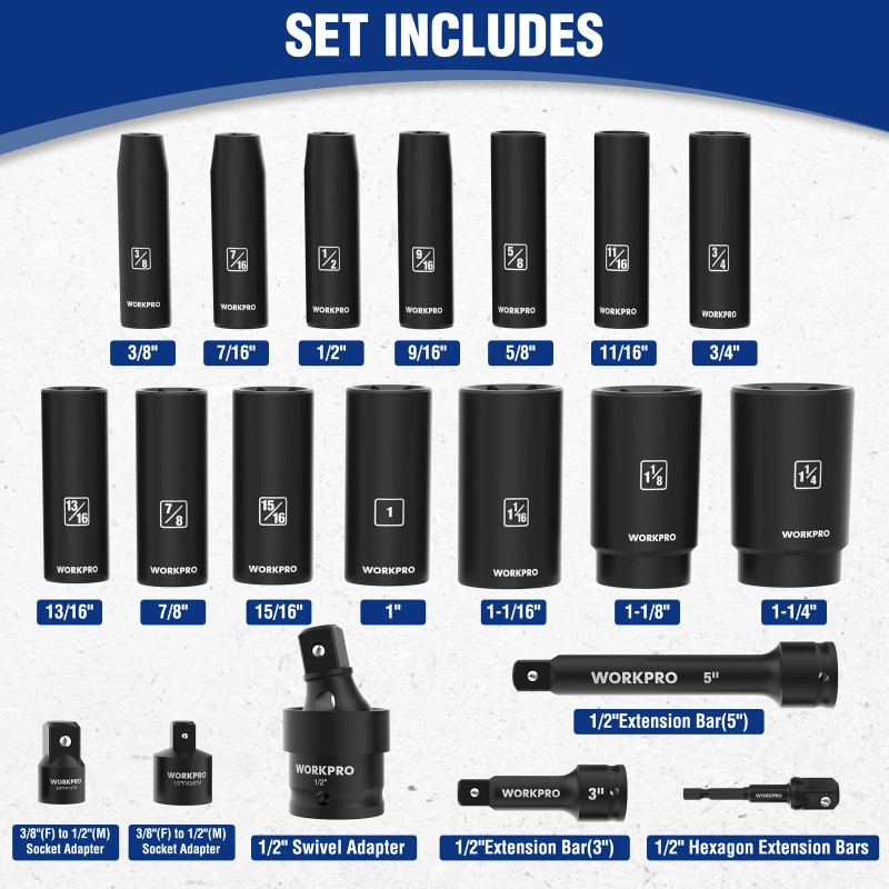 WORKPRO 20-Piece 1/2＂ Drive Deep Impact Socket Set, 6-Point, Cr-V