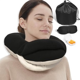 BUYUE Almohadas de viaje para cuello para aviones, soporte de cabeza 360° para dormir en vuelos largos, amigable con la piel y transpirable, kit con antifaz contorneado 3D, tapones para los oídos y