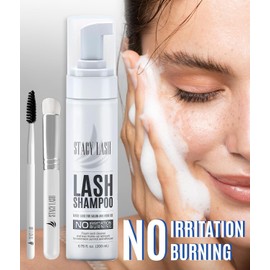 STACY LASH STACY LASH 6.76 fl.oz / 200ml Eyelash Extension Shampoo + Brush/Eyelid Foaming Cleanser/Wash for Extensions & Natural Lashes/Safe Makeup Remover/Supplies for Professional & Home Use