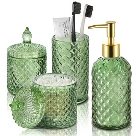 RYTOXILO Green Bathroom Accessories Set, 4 Pack Olive Green Bathroom Decor Accessory Sets Complete, Diamond Glass Soap Dispenser and Toothbrush Holder Set for Bath Counter Organizer Essentials
