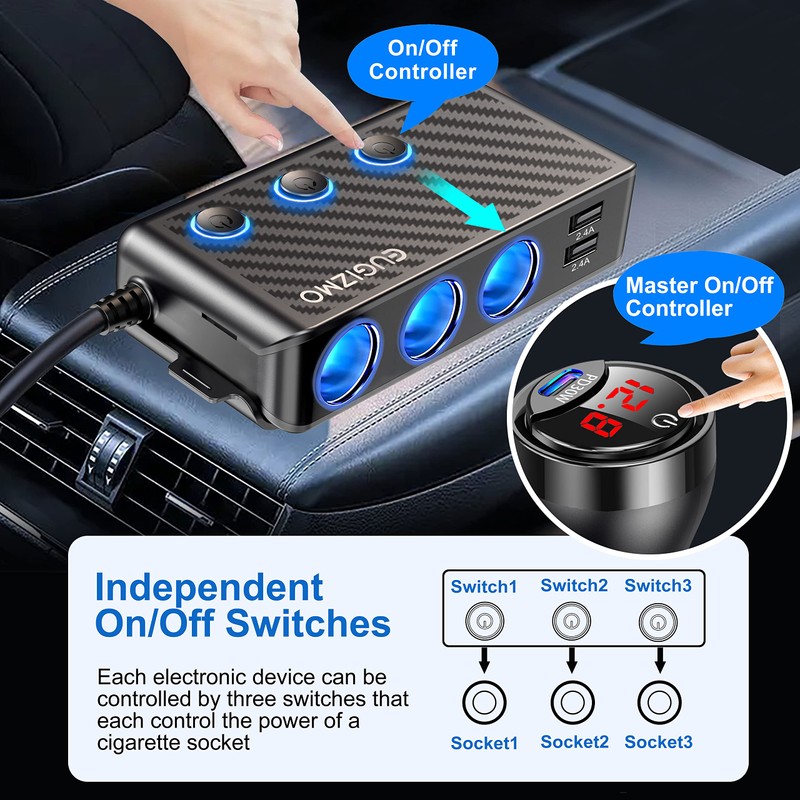 EUGIZMO Cigarette Lighter Adapter, 222W 3 Socket Car Cigarette Lighter
