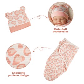 BABESIDE 4 Pcs Reborn Baby Doll Blanket with Doll Accessories Set for 17-24 Inch Babydolls, Cute Heart Patterns Baby Doll Swaddle Blanket with Doll Hat Doll Gloves for Newborn Baby Dolls Girl, Pink